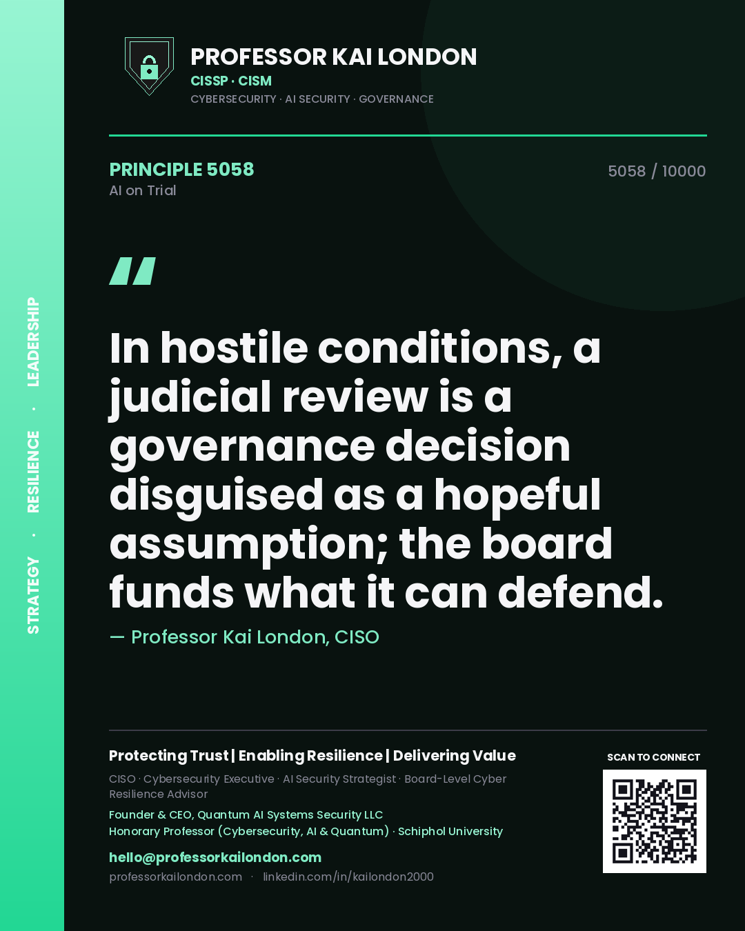Quote card by Professor Kai London reading 'In hostile conditions, a judicial review is a governance decision disguised as a hopeful assumption; the board funds what it can defend.'. From the book AI on Trial.