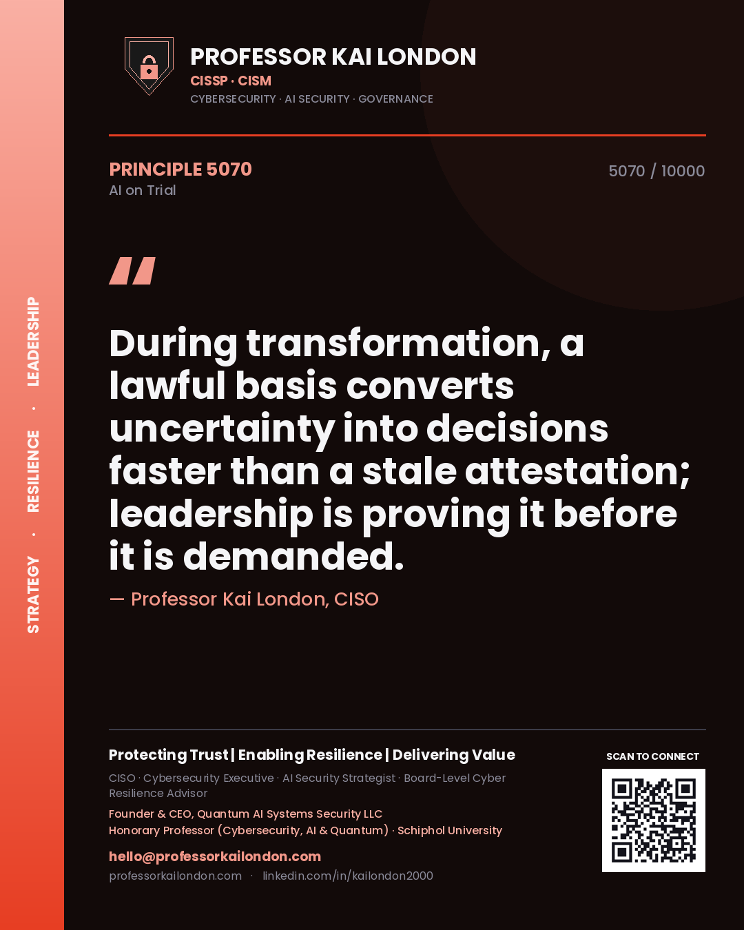 Quote card by Professor Kai London reading 'During transformation, a lawful basis converts uncertainty into decisions faster than a stale attestation; leadership is proving it before it is demanded.'. From the book AI on Trial.
