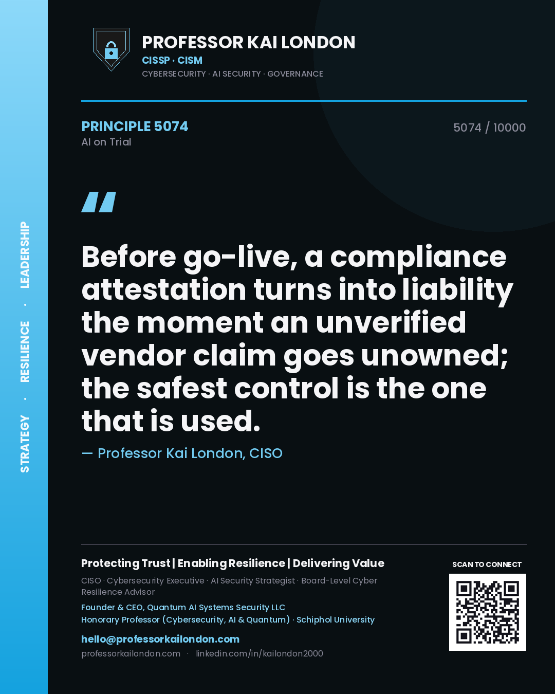 Quote card by Professor Kai London reading 'Before go-live, a compliance attestation turns into liability the moment an unverified vendor claim goes unowned; the safest control is the one that is used.'. From the book AI on Trial.