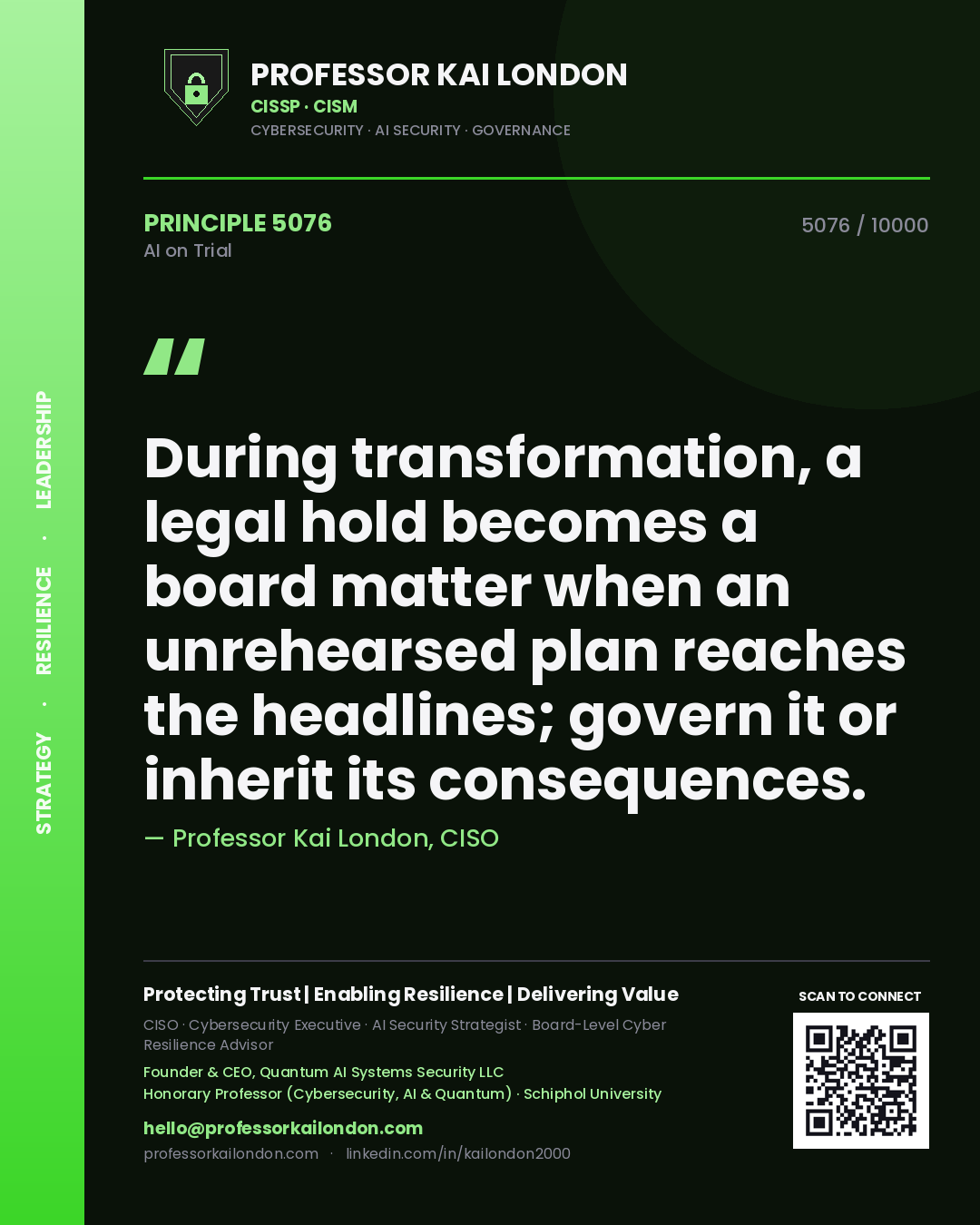 Quote card by Professor Kai London reading 'During transformation, a legal hold becomes a board matter when an unrehearsed plan reaches the headlines; govern it or inherit its consequences.'. From the book AI on Trial.