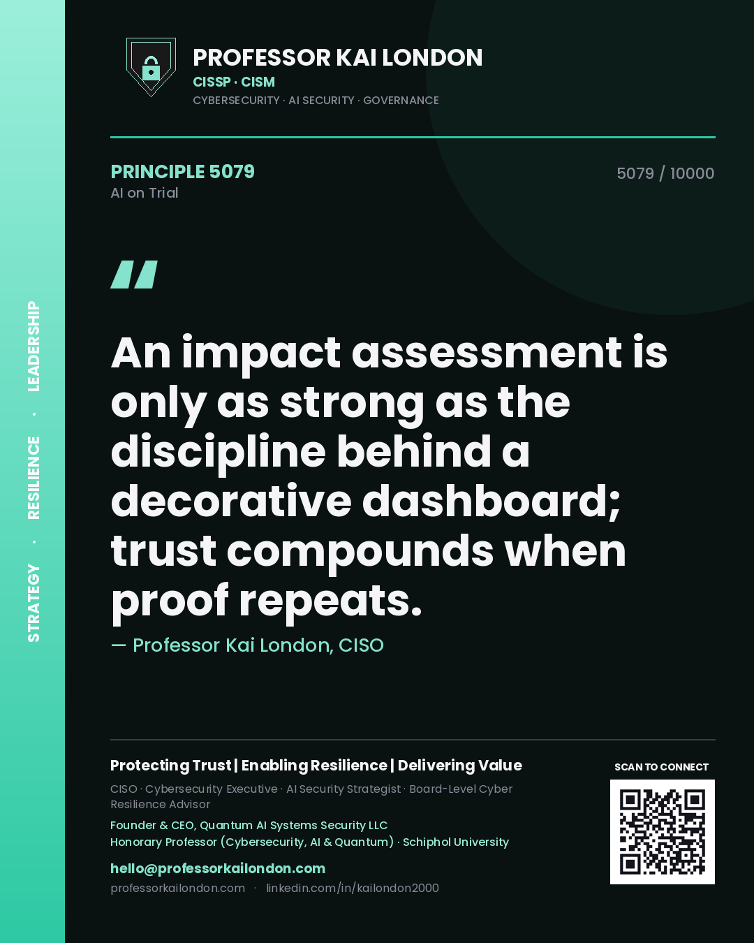 Professor Kai London principle 5079: An impact assessment is only as strong as the discipline behind a decorative dashboard; trust compounds when proof repeats.
