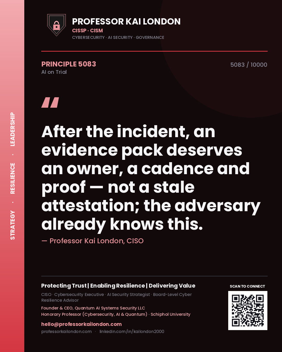 Professor Kai London principle 5083: After the incident, an evidence pack deserves an owner, a cadence and proof — not a stale attestation; the adversary already knows this.