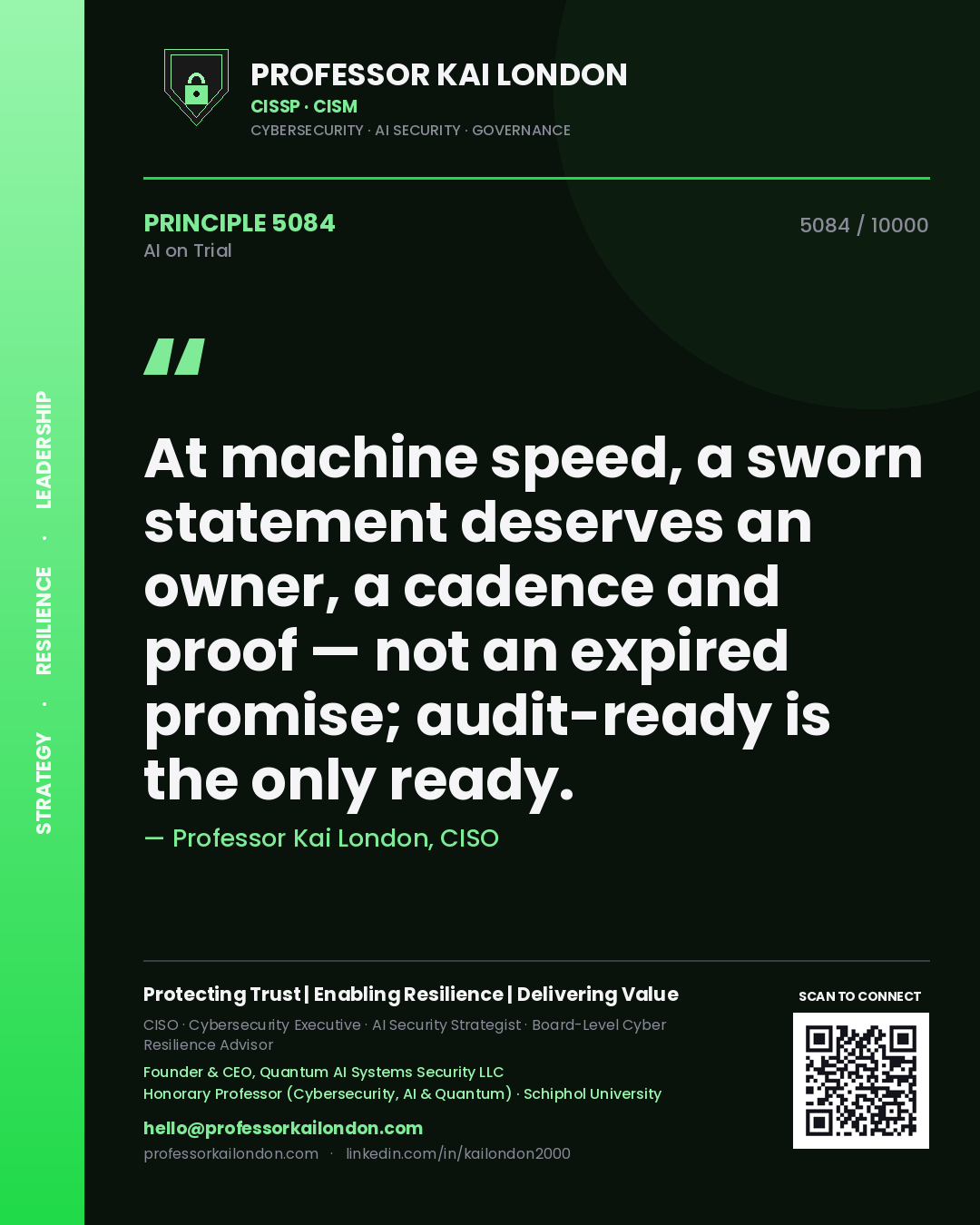 Professor Kai London principle 5084: At machine speed, a sworn statement deserves an owner, a cadence and proof — not an expired promise; audit-ready is the only ready.