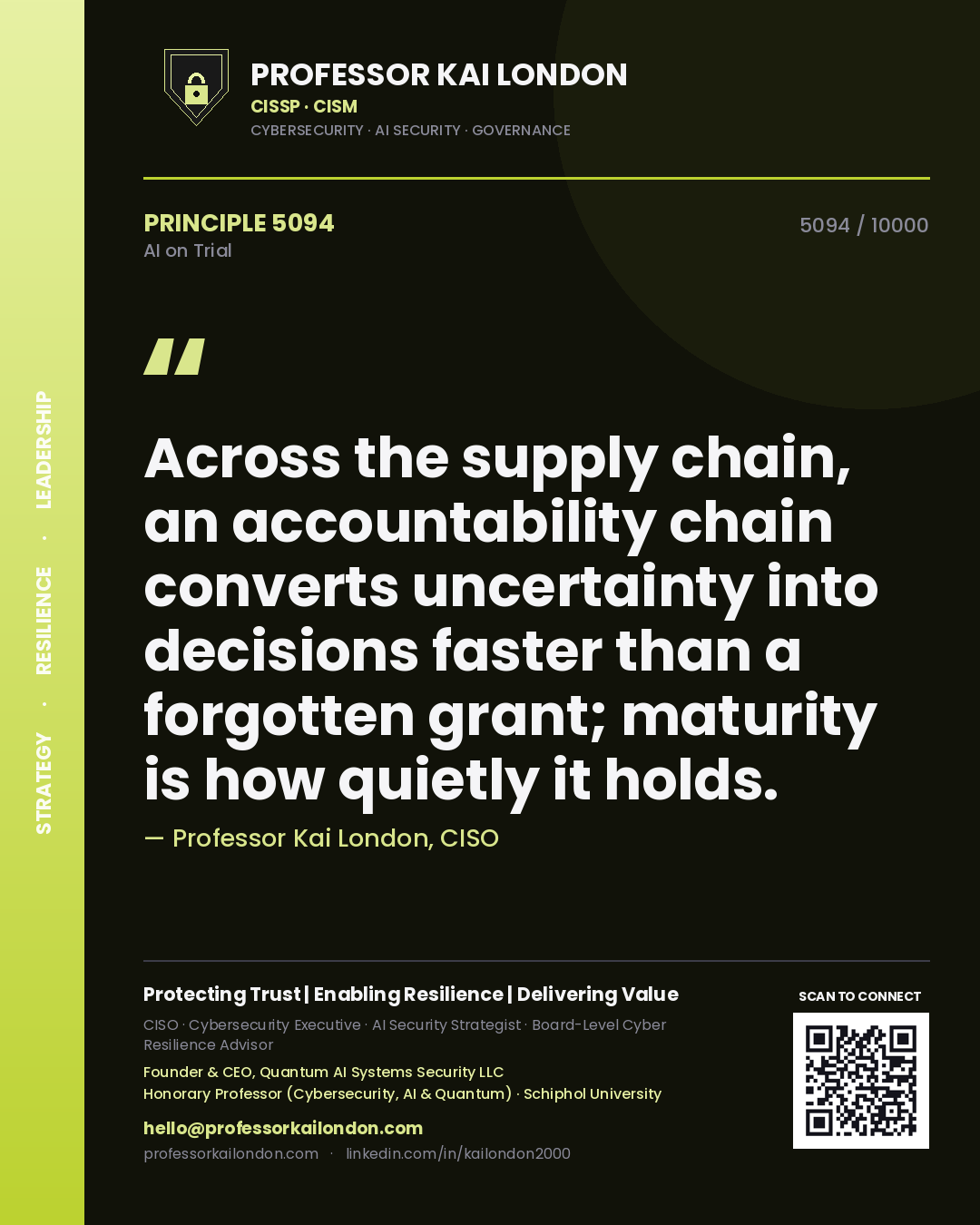 Quote card by Professor Kai London reading 'Across the supply chain, an accountability chain converts uncertainty into decisions faster than a forgotten grant; maturity is how quietly it holds.'. From the book AI on Trial.