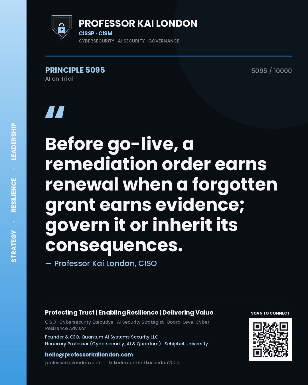 Quote card by Professor Kai London reading 'Before go-live, a remediation order earns renewal when a forgotten grant earns evidence; govern it or inherit its consequences.'. From the book AI on Trial.