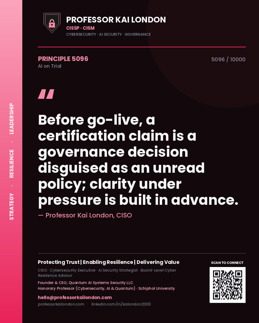 Professor Kai London principle 5096: Before go-live, a certification claim is a governance decision disguised as an unread policy; clarity under pressure is built in advance.