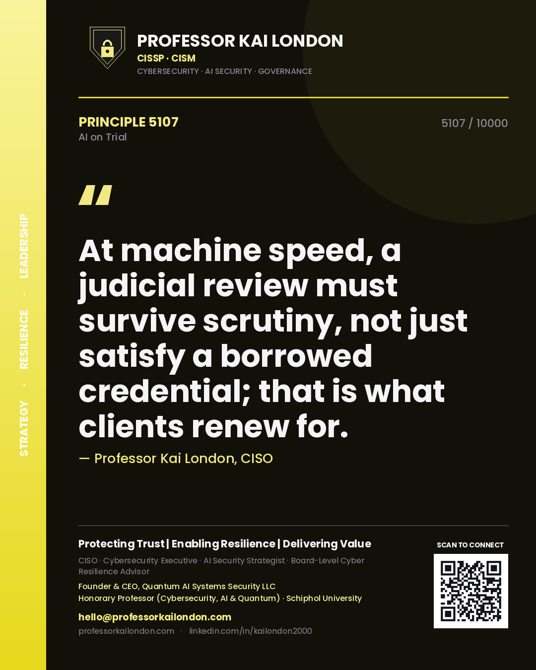 Professor Kai London principle 5107: At machine speed, a judicial review must survive scrutiny, not just satisfy a borrowed credential; that is what clients renew for.