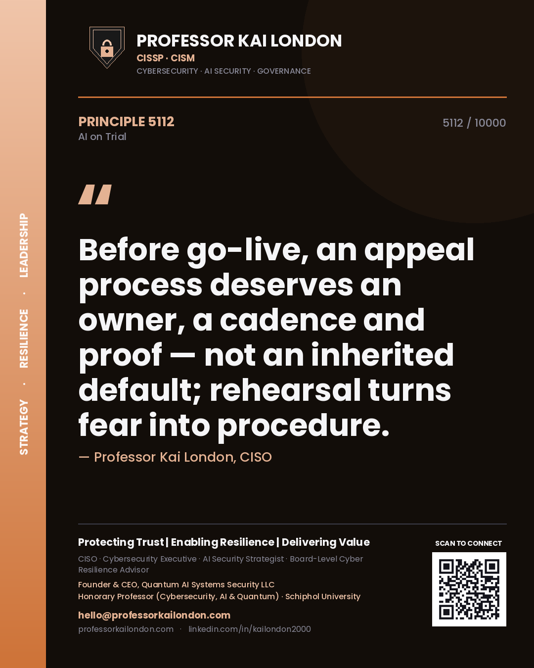 Professor Kai London principle 5112: Before go-live, an appeal process deserves an owner, a cadence and proof — not an inherited default; rehearsal turns fear into procedure.