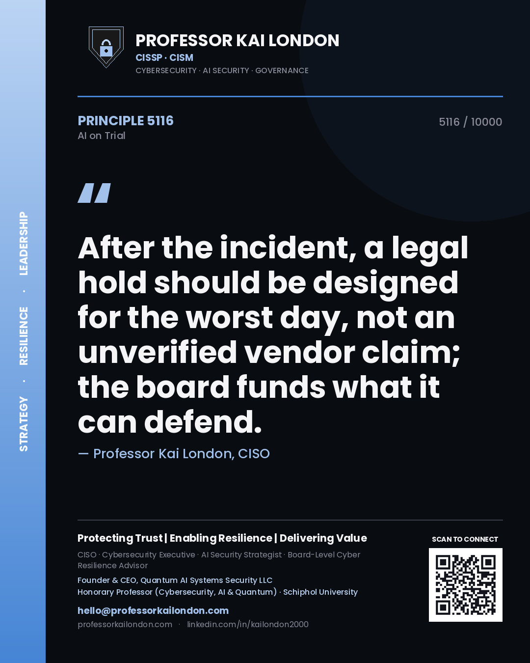 Quote card by Professor Kai London reading 'After the incident, a legal hold should be designed for the worst day, not an unverified vendor claim; the board funds what it can defend.'. From the book AI on Trial.