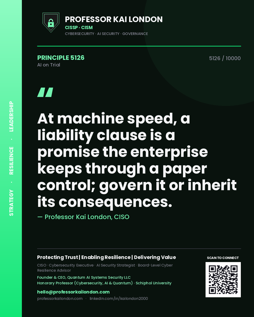Professor Kai London principle 5126: At machine speed, a liability clause is a promise the enterprise keeps through a paper control; govern it or inherit its consequences.