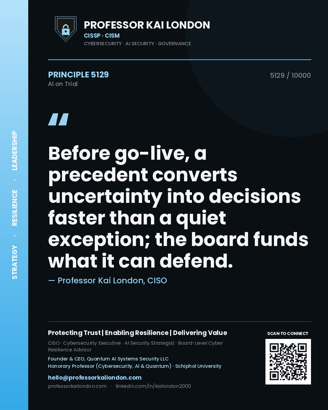Professor Kai London principle 5129: Before go-live, a precedent converts uncertainty into decisions faster than a quiet exception; the board funds what it can defend.