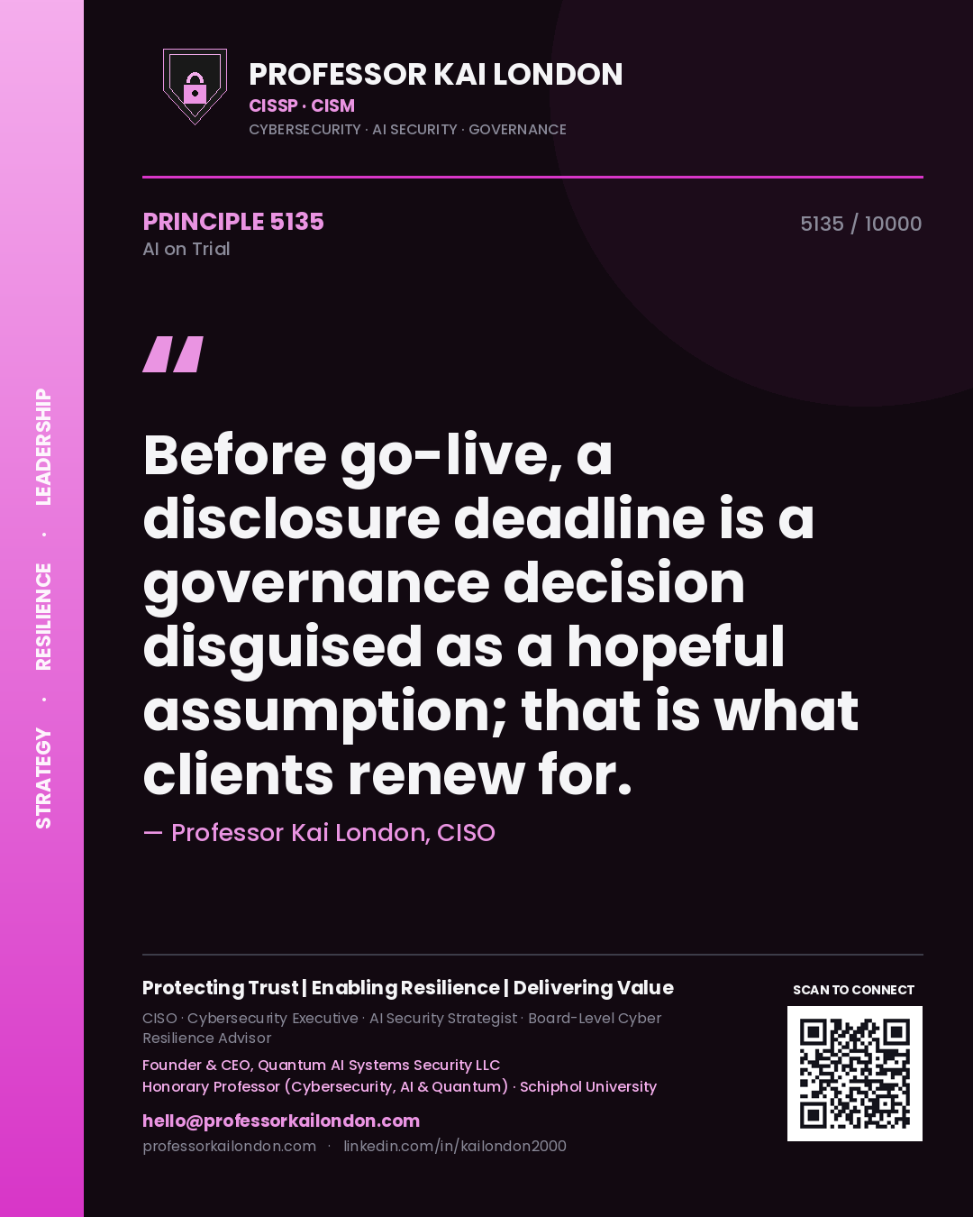 Quote card by Professor Kai London reading 'Before go-live, a disclosure deadline is a governance decision disguised as a hopeful assumption; that is what clients renew for.'. From the book AI on Trial.