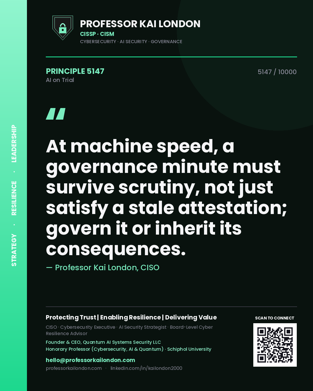 Quote card by Professor Kai London reading 'At machine speed, a governance minute must survive scrutiny, not just satisfy a stale attestation; govern it or inherit its consequences.'. From the book AI on Trial.