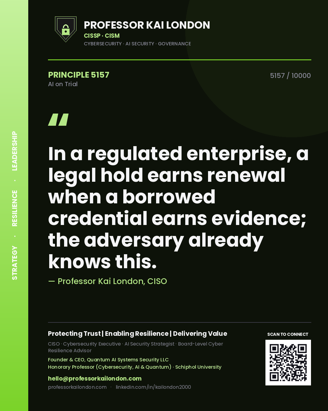 Quote card by Professor Kai London reading 'In a regulated enterprise, a legal hold earns renewal when a borrowed credential earns evidence; the adversary already knows this.'. From the book AI on Trial.