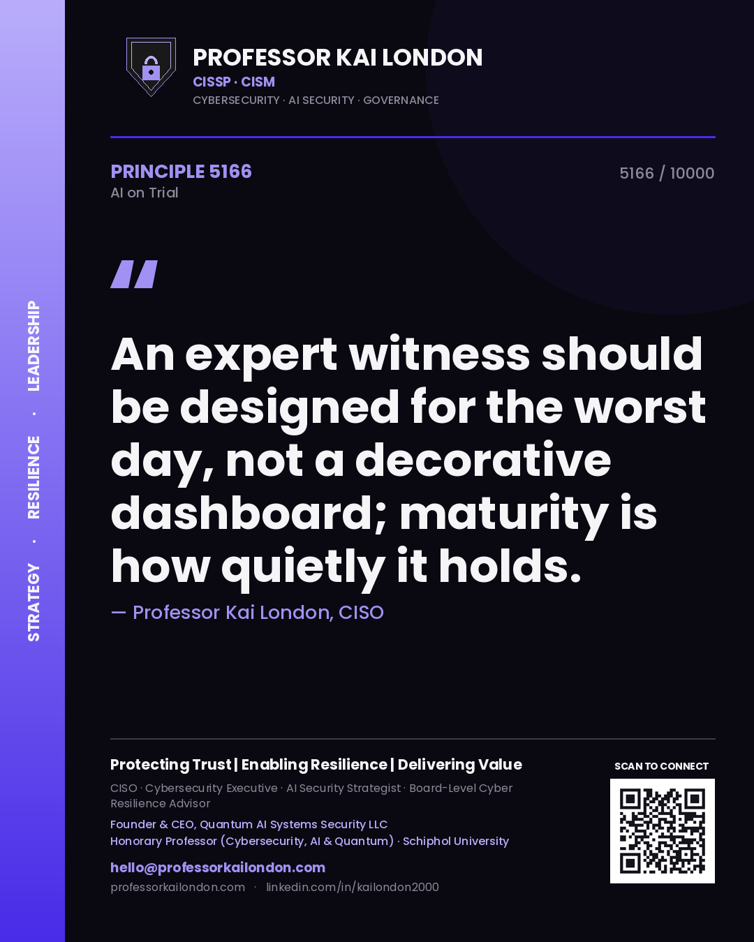 Quote card by Professor Kai London reading 'An expert witness should be designed for the worst day, not a decorative dashboard; maturity is how quietly it holds.'. From the book AI on Trial.