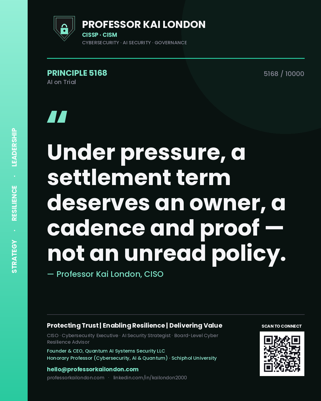 Professor Kai London principle 5168: Under pressure, a settlement term deserves an owner, a cadence and proof — not an unread policy.