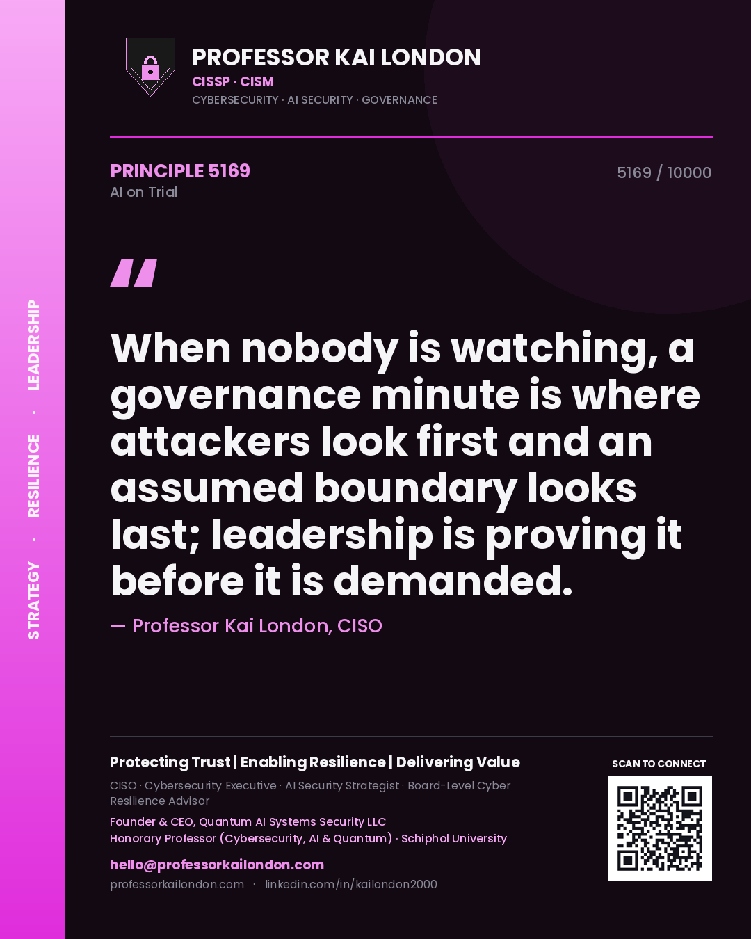 Quote card by Professor Kai London reading 'When nobody is watching, a governance minute is where attackers look first and an assumed boundary looks last; leadership is proving it before it is demanded.'. From the book AI on Trial.
