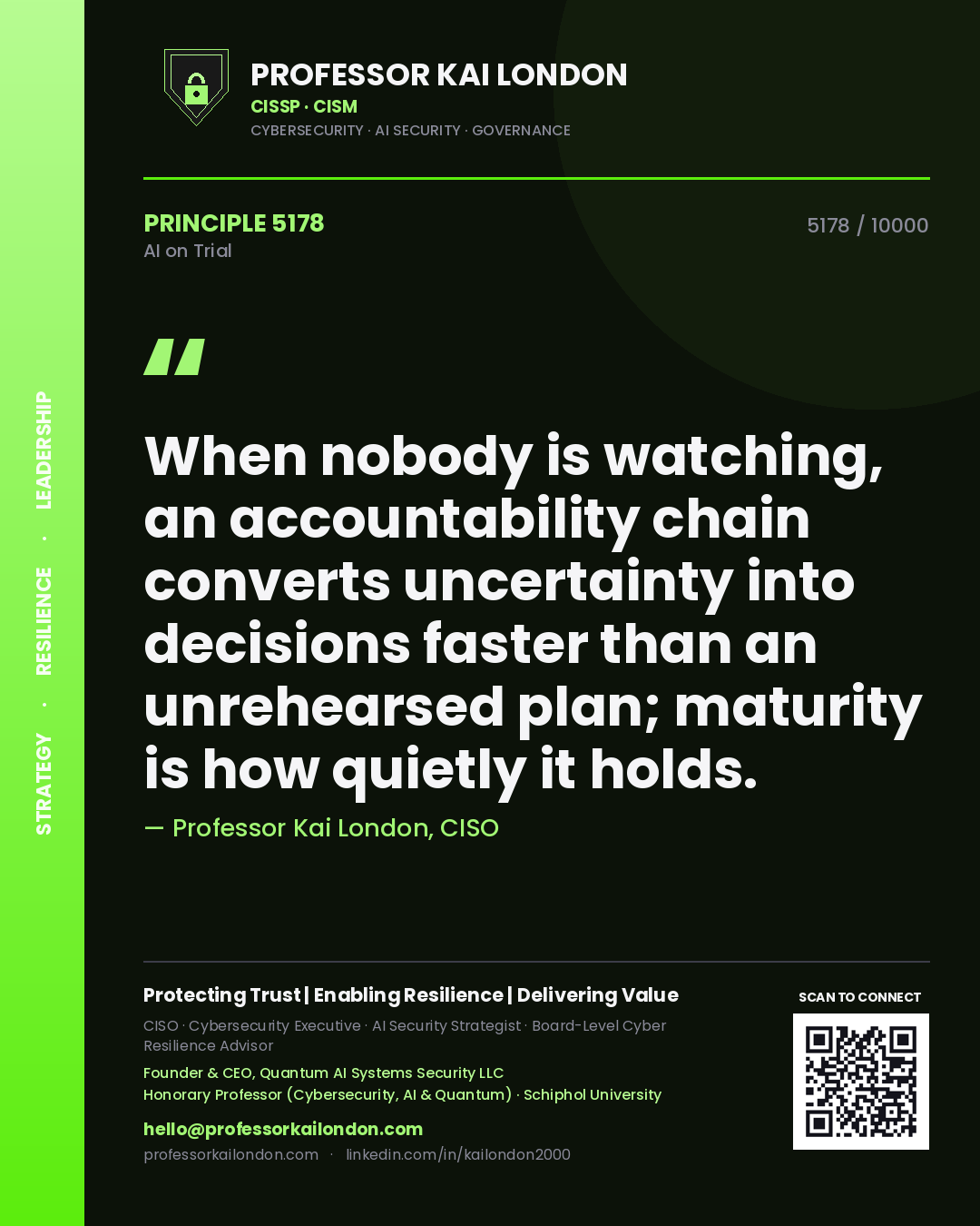 Professor Kai London principle 5178: When nobody is watching, an accountability chain converts uncertainty into decisions faster than an unrehearsed plan; maturity is how quietly it holds.