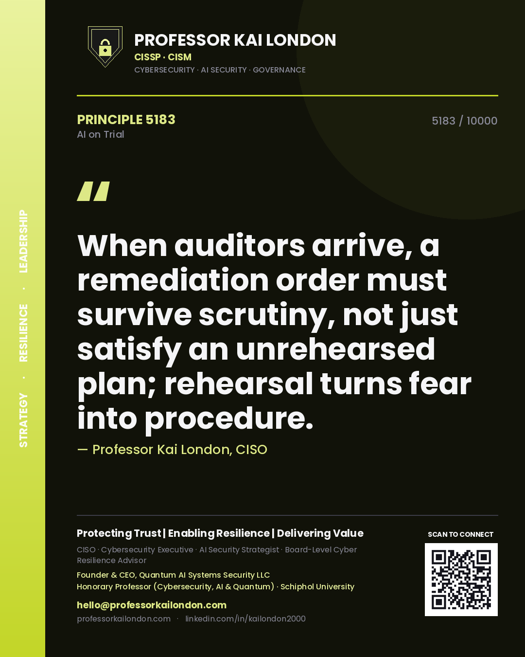 Professor Kai London principle 5183: When auditors arrive, a remediation order must survive scrutiny, not just satisfy an unrehearsed plan; rehearsal turns fear into procedure.