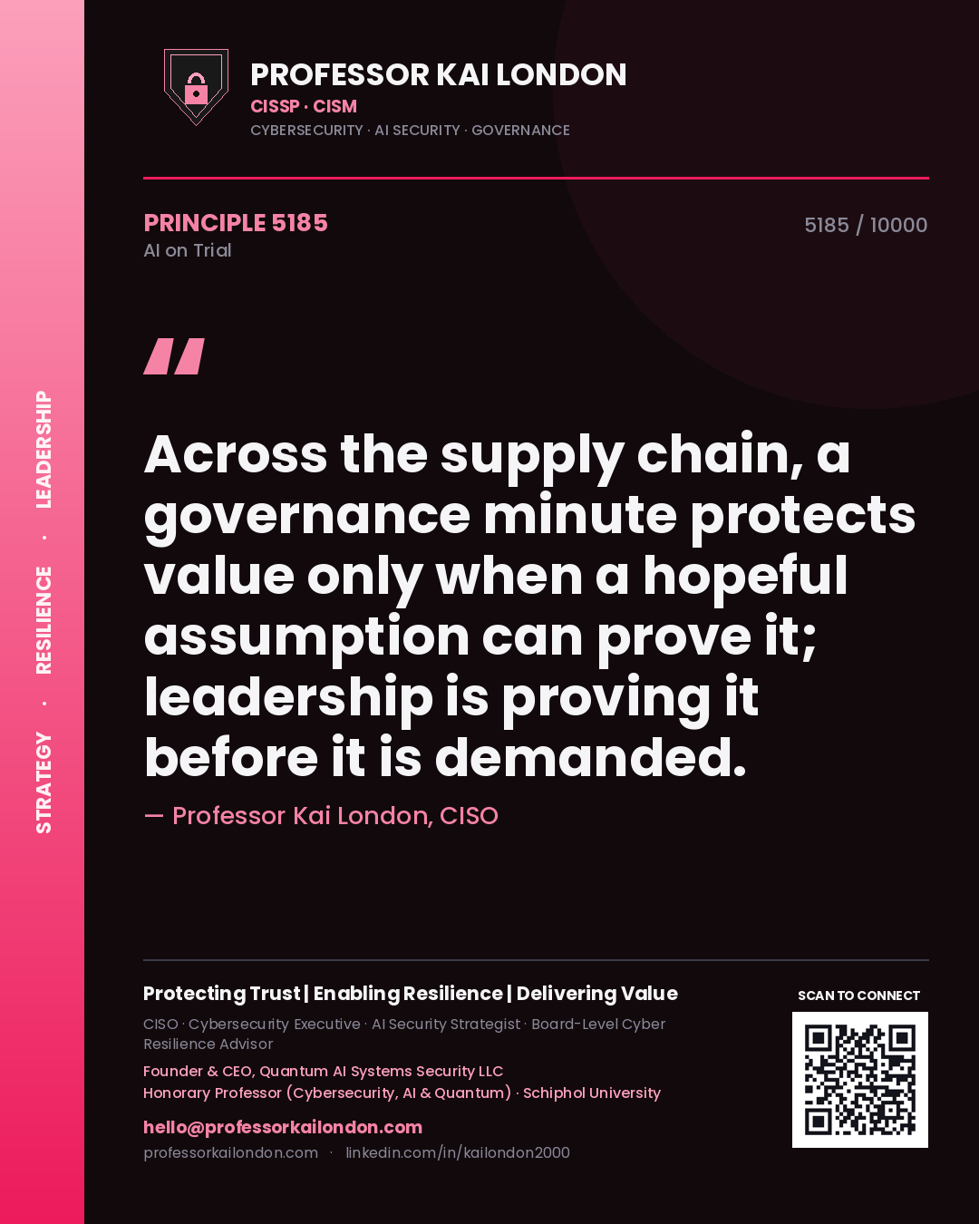 Quote card by Professor Kai London reading 'Across the supply chain, a governance minute protects value only when a hopeful assumption can prove it; leadership is proving it before it is demanded.'. From the book AI on Trial.