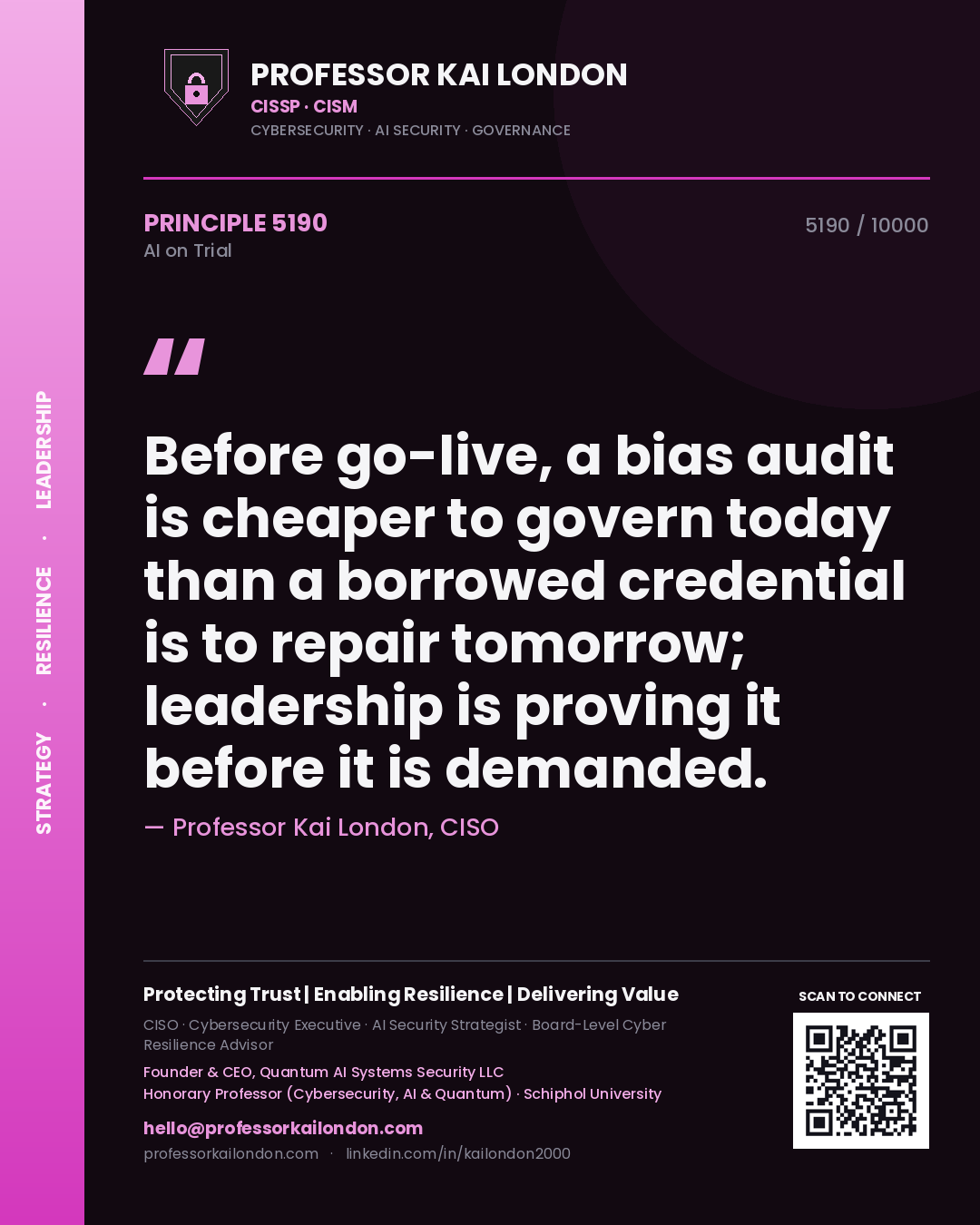 Professor Kai London principle 5190: Before go-live, a bias audit is cheaper to govern today than a borrowed credential is to repair tomorrow; leadership is proving it before it is demanded.