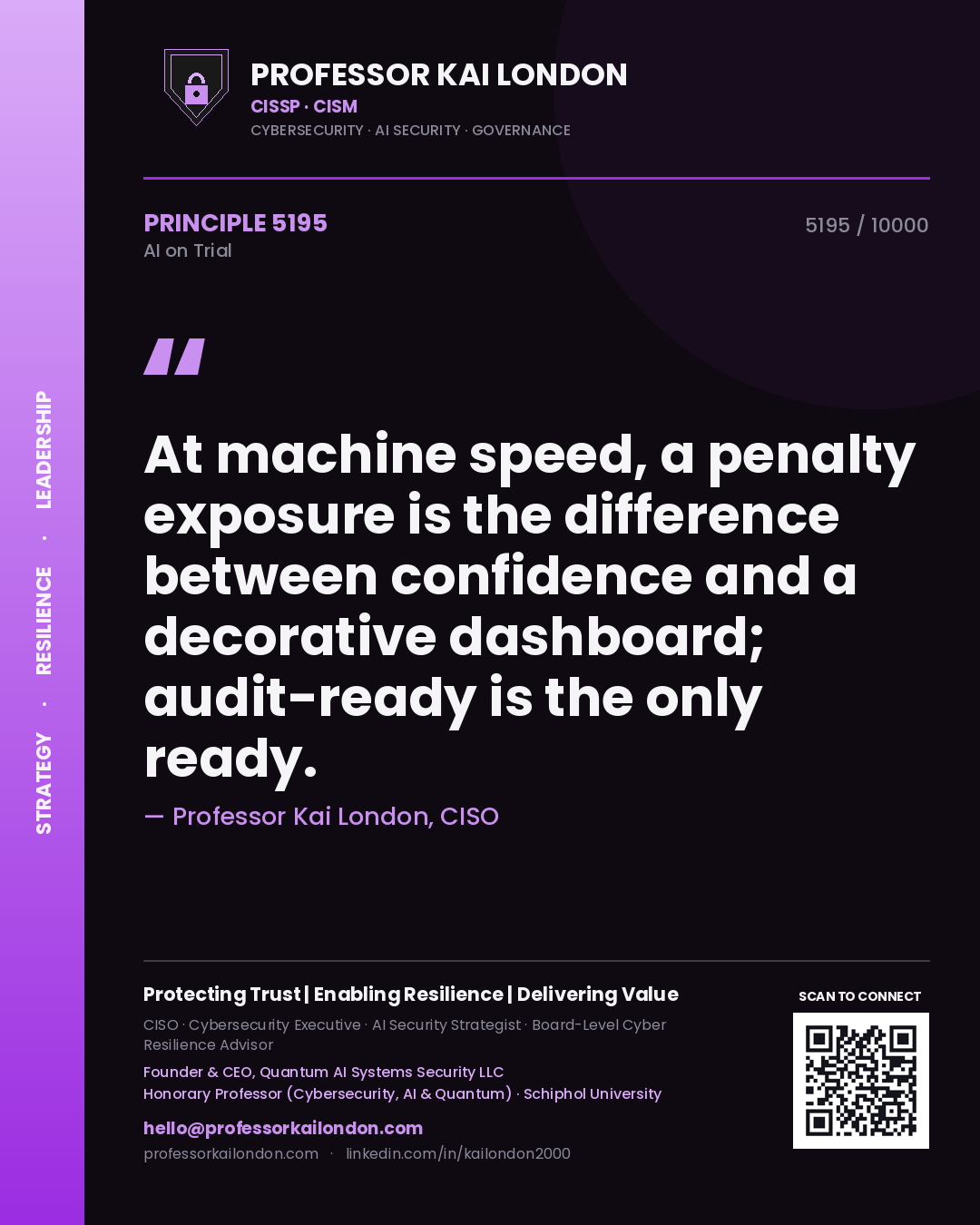 Quote card by Professor Kai London reading 'At machine speed, a penalty exposure is the difference between confidence and a decorative dashboard; audit-ready is the only ready.'. From the book AI on Trial.