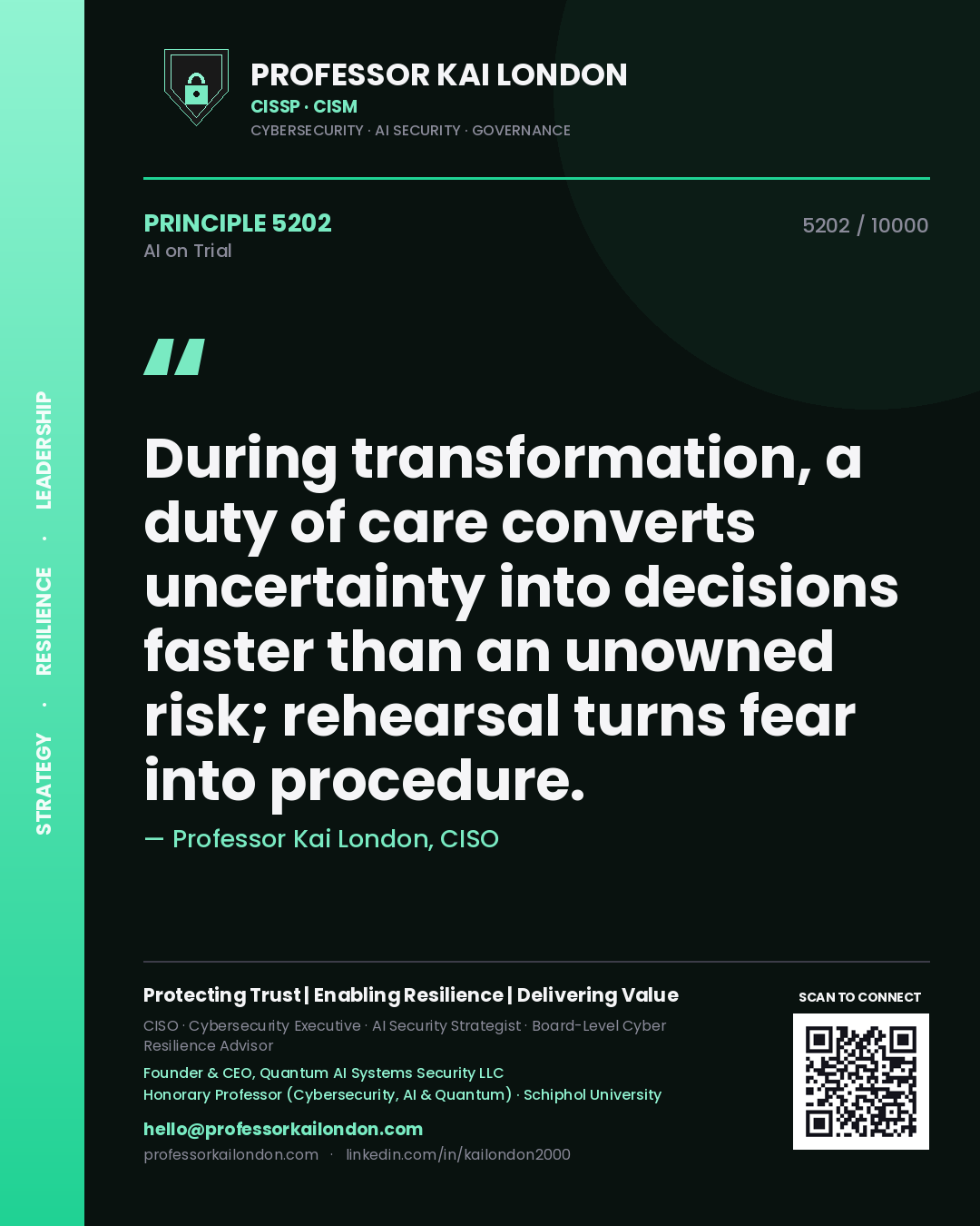 Professor Kai London principle 5202: During transformation, a duty of care converts uncertainty into decisions faster than an unowned risk; rehearsal turns fear into procedure.