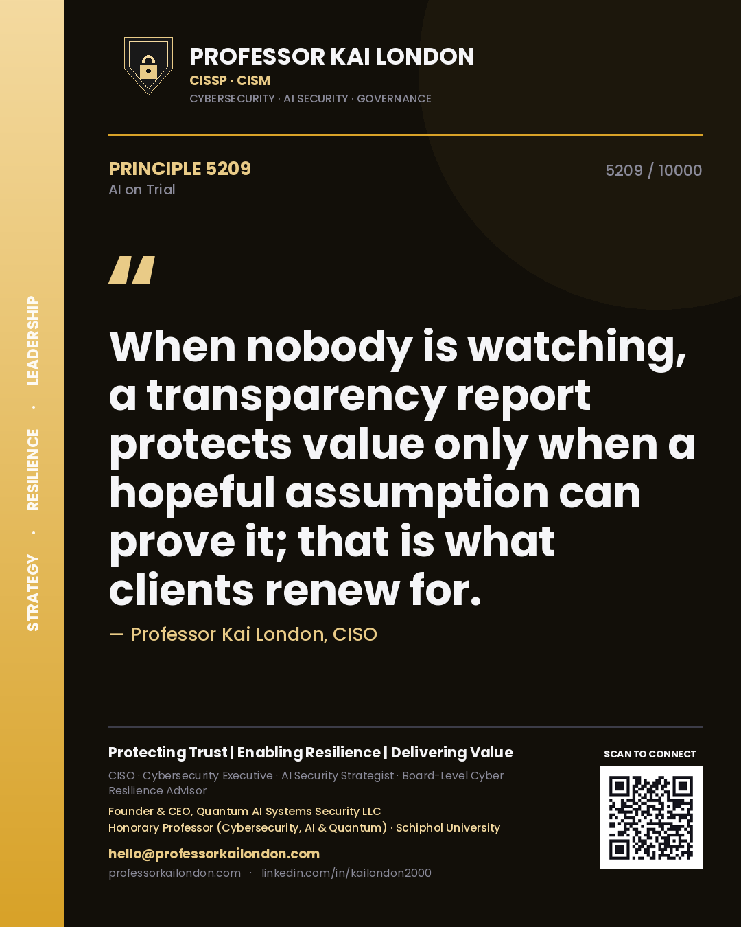 Quote card by Professor Kai London reading 'When nobody is watching, a transparency report protects value only when a hopeful assumption can prove it; that is what clients renew for.'. From the book AI on Trial.