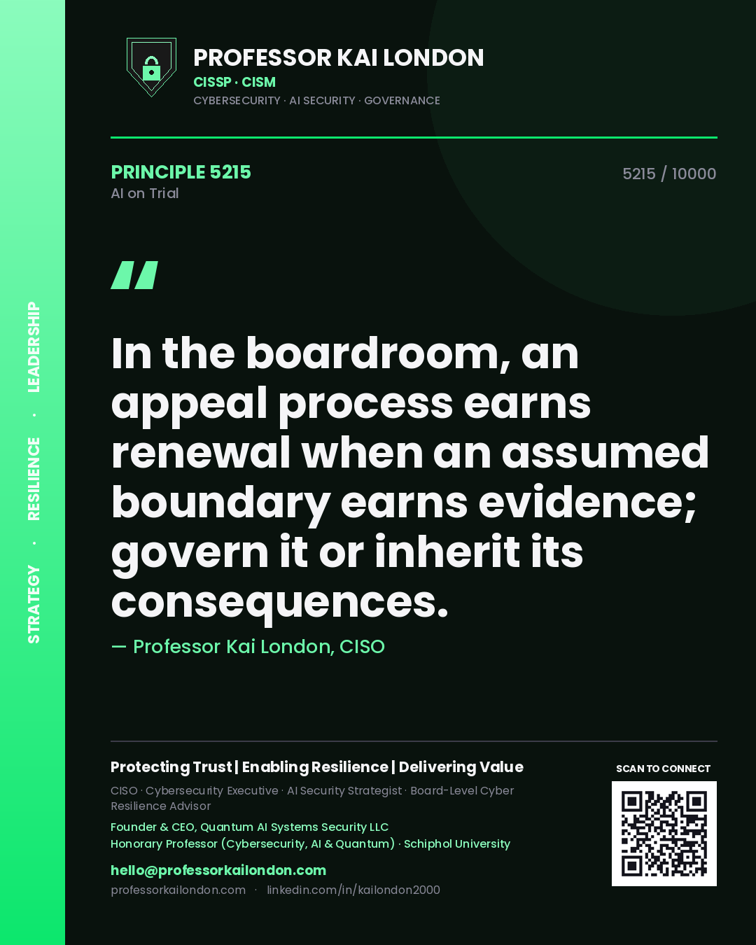 Quote card by Professor Kai London reading 'In the boardroom, an appeal process earns renewal when an assumed boundary earns evidence; govern it or inherit its consequences.'. From the book AI on Trial.