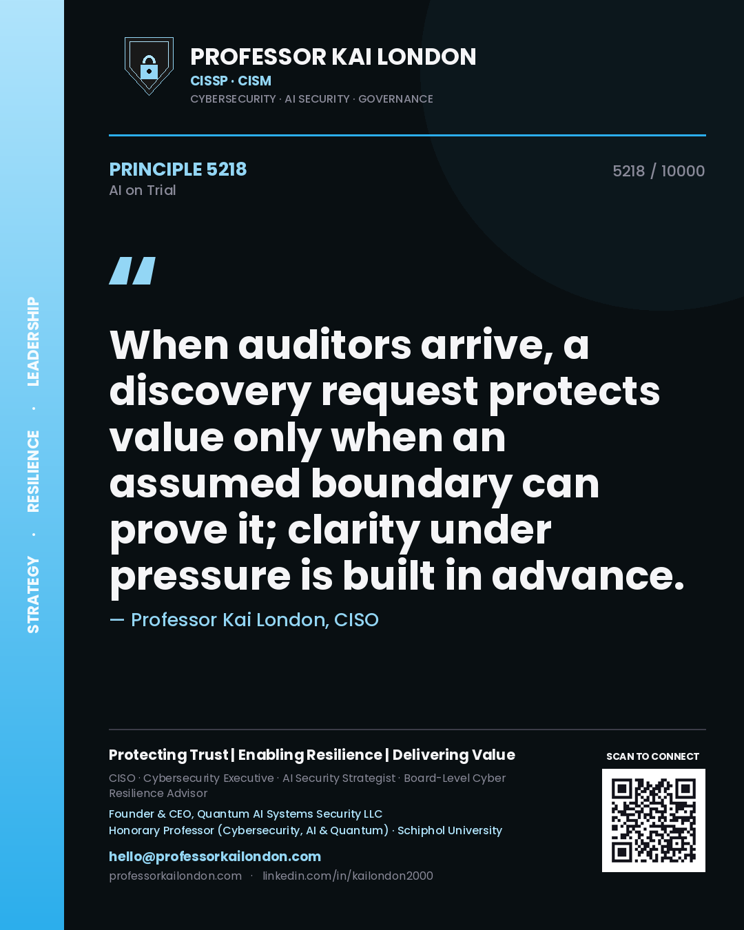 Quote card by Professor Kai London reading 'When auditors arrive, a discovery request protects value only when an assumed boundary can prove it; clarity under pressure is built in advance.'. From the book AI on Trial.