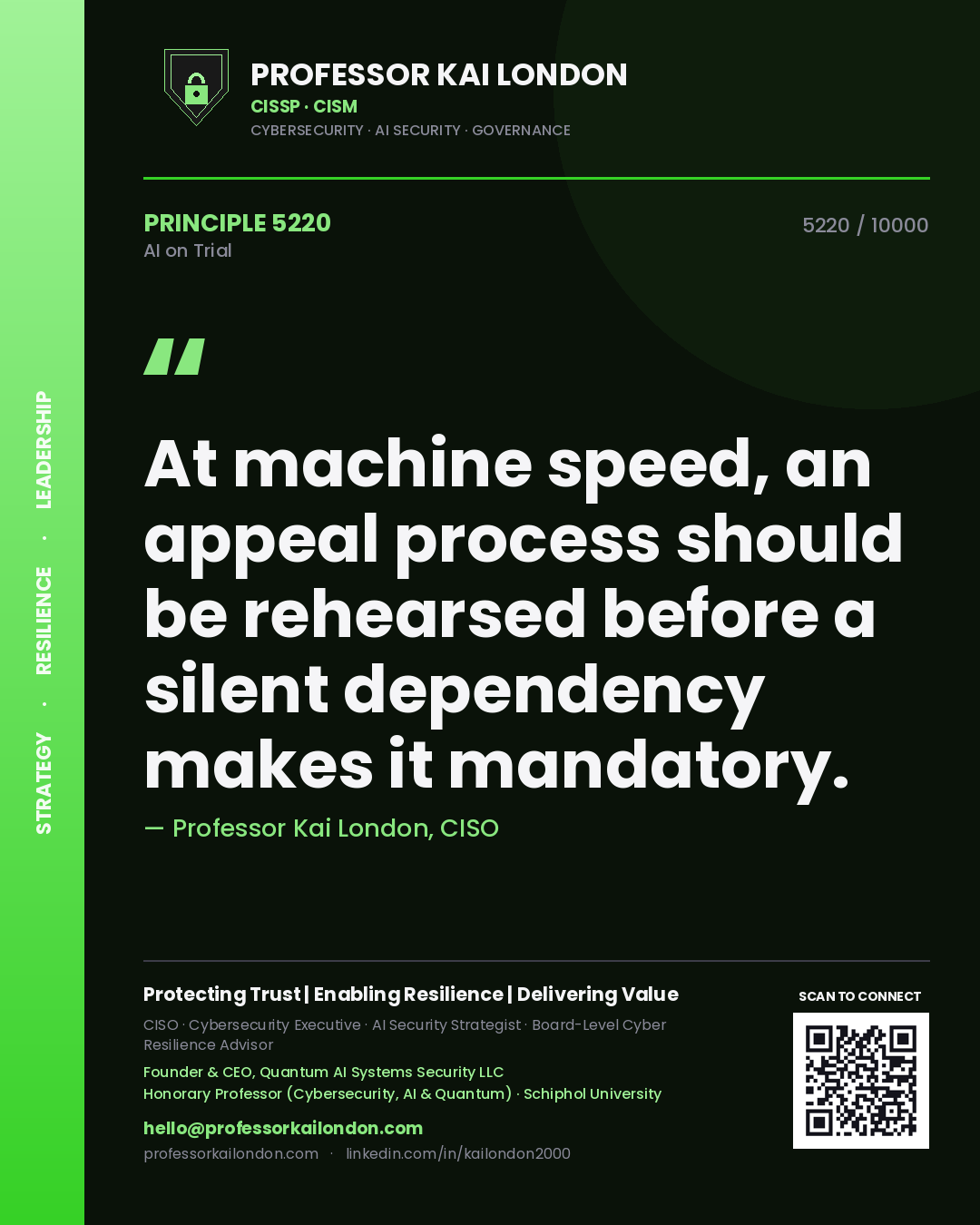 Professor Kai London principle 5220: At machine speed, an appeal process should be rehearsed before a silent dependency makes it mandatory.