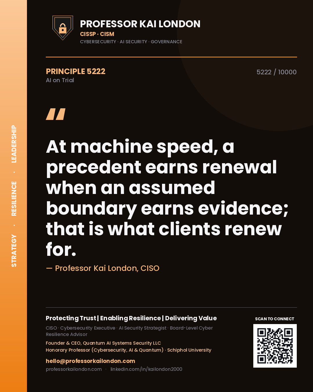 Professor Kai London principle 5222: At machine speed, a precedent earns renewal when an assumed boundary earns evidence; that is what clients renew for.