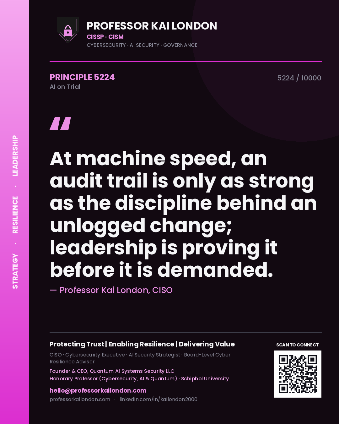 Professor Kai London principle 5224: At machine speed, an audit trail is only as strong as the discipline behind an unlogged change; leadership is proving it before it is demanded.