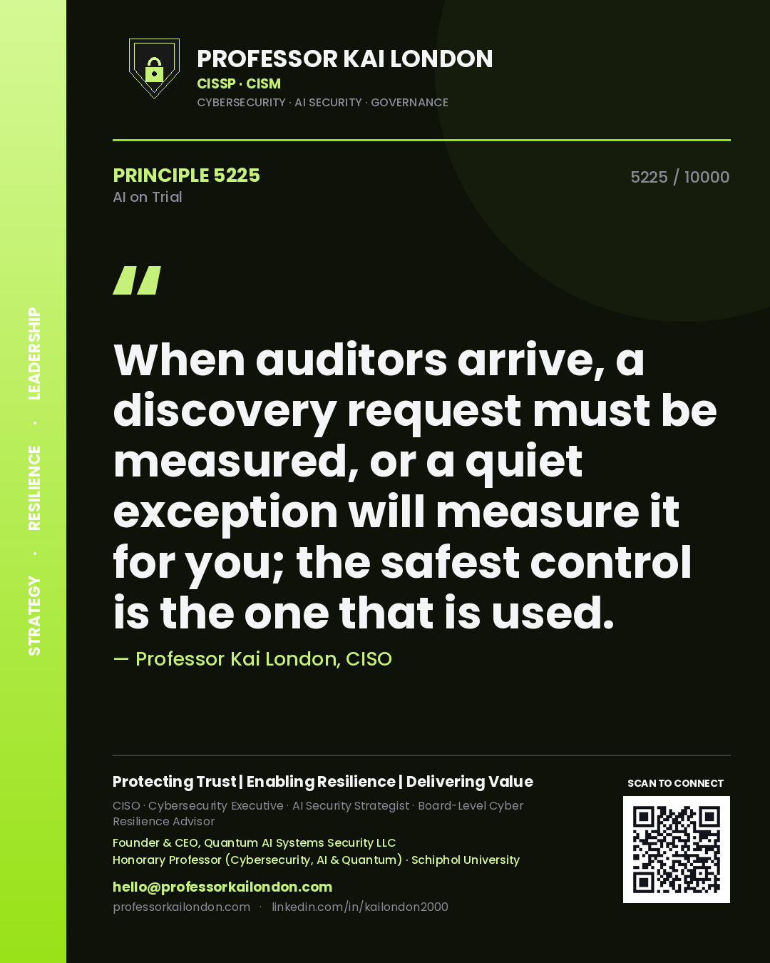 Professor Kai London principle 5225: When auditors arrive, a discovery request must be measured, or a quiet exception will measure it for you; the safest control is the one that is used.