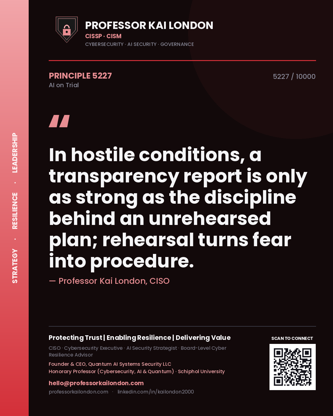 Professor Kai London principle 5227: In hostile conditions, a transparency report is only as strong as the discipline behind an unrehearsed plan; rehearsal turns fear into procedure.