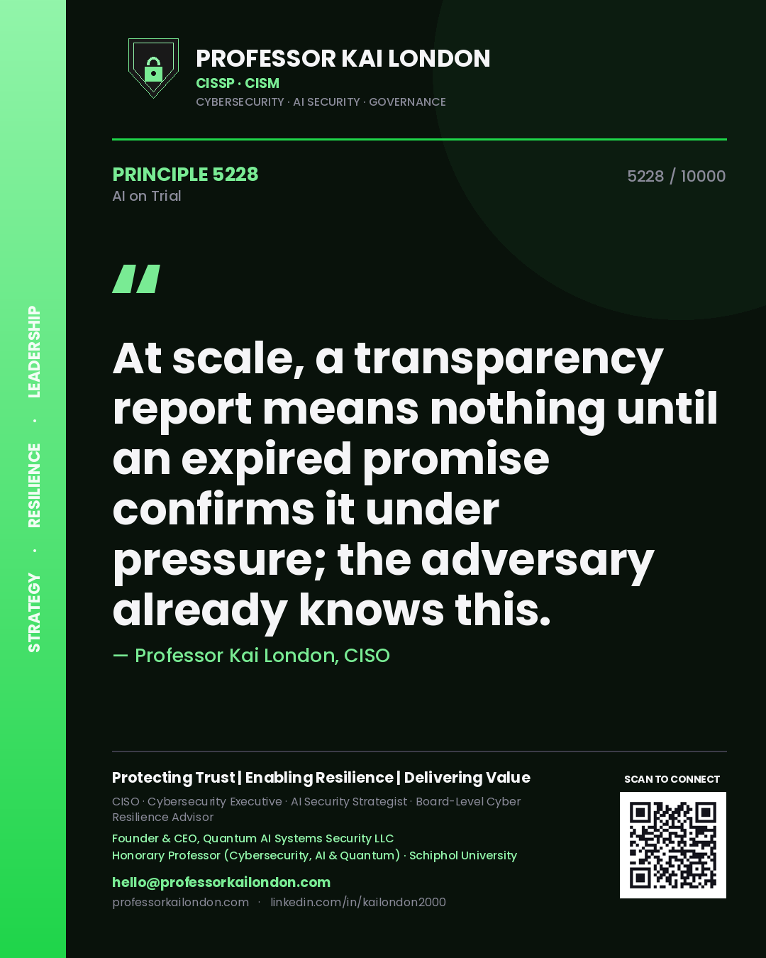 Professor Kai London principle 5228: At scale, a transparency report means nothing until an expired promise confirms it under pressure; the adversary already knows this.