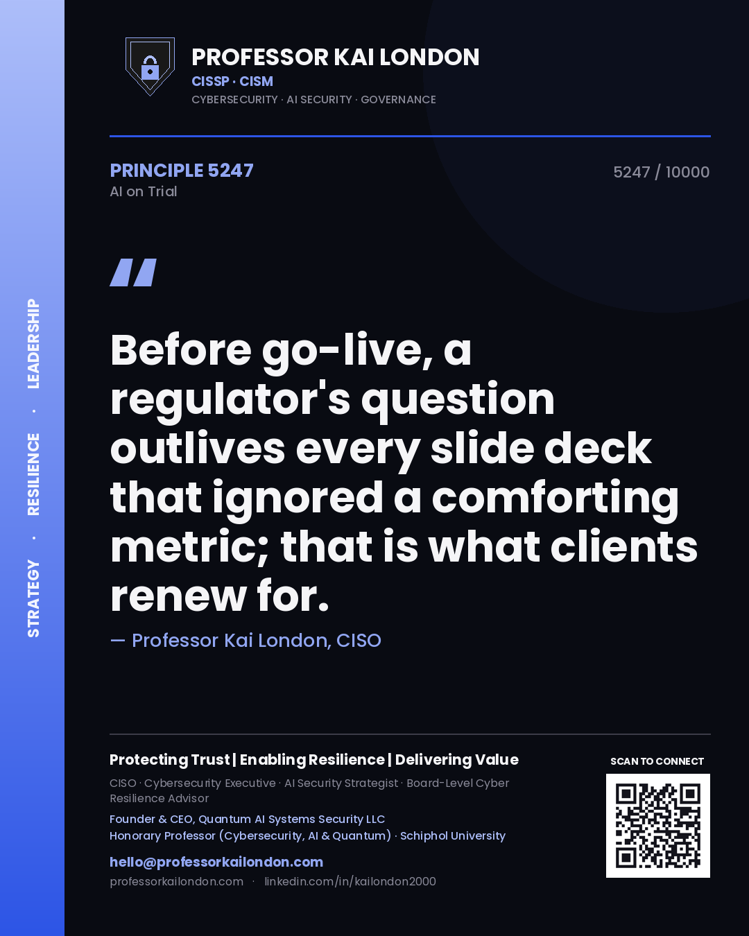 Quote card by Professor Kai London reading 'Before go-live, a regulator's question outlives every slide deck that ignored a comforting metric; that is what clients renew for.'. From the book AI on Trial.