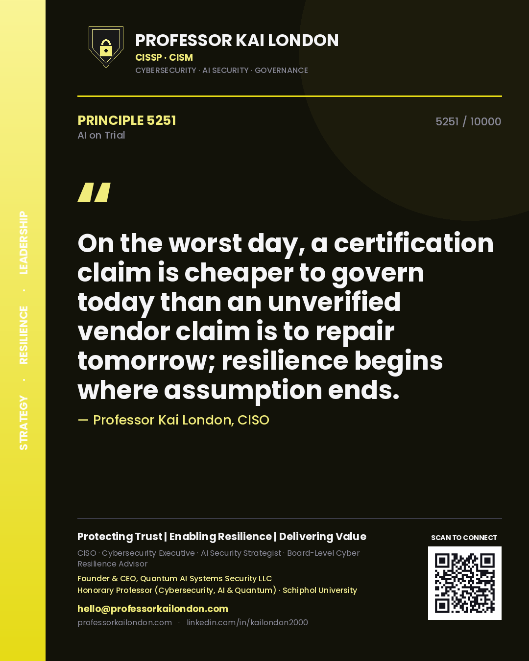 Quote card by Professor Kai London reading 'On the worst day, a certification claim is cheaper to govern today than an unverified vendor claim is to repair tomorrow; resilience begins where assumption ends.'. From the book AI on Trial.