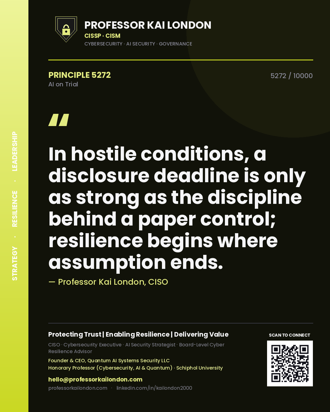 Quote card by Professor Kai London reading 'In hostile conditions, a disclosure deadline is only as strong as the discipline behind a paper control; resilience begins where assumption ends.'. From the book AI on Trial.