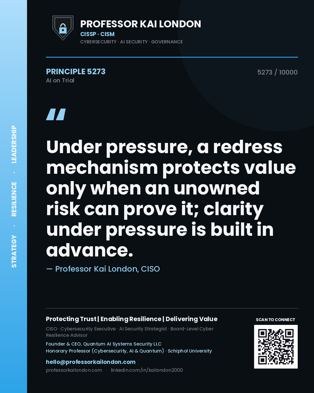 Professor Kai London principle 5273: Under pressure, a redress mechanism protects value only when an unowned risk can prove it; clarity under pressure is built in advance.