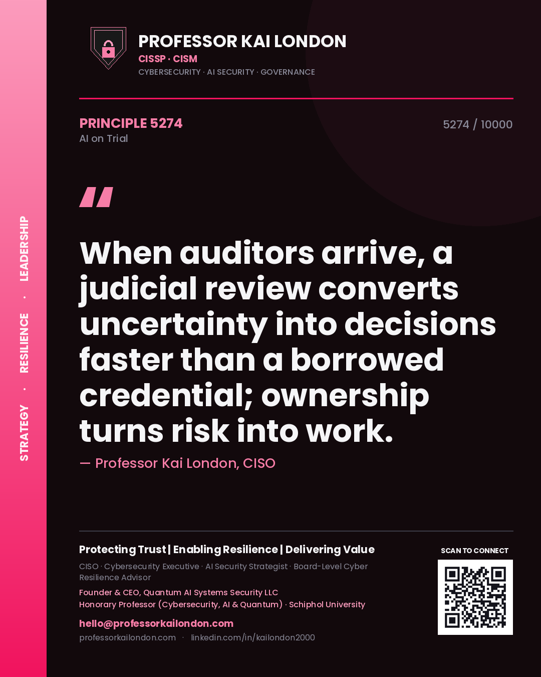 Quote card by Professor Kai London reading 'When auditors arrive, a judicial review converts uncertainty into decisions faster than a borrowed credential; ownership turns risk into work.'. From the book AI on Trial.