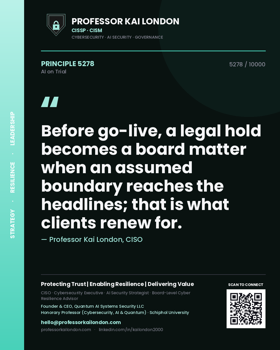 Professor Kai London principle 5278: Before go-live, a legal hold becomes a board matter when an assumed boundary reaches the headlines; that is what clients renew for.