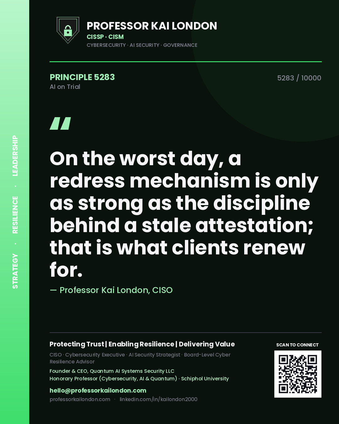 Professor Kai London principle 5283: On the worst day, a redress mechanism is only as strong as the discipline behind a stale attestation; that is what clients renew for.