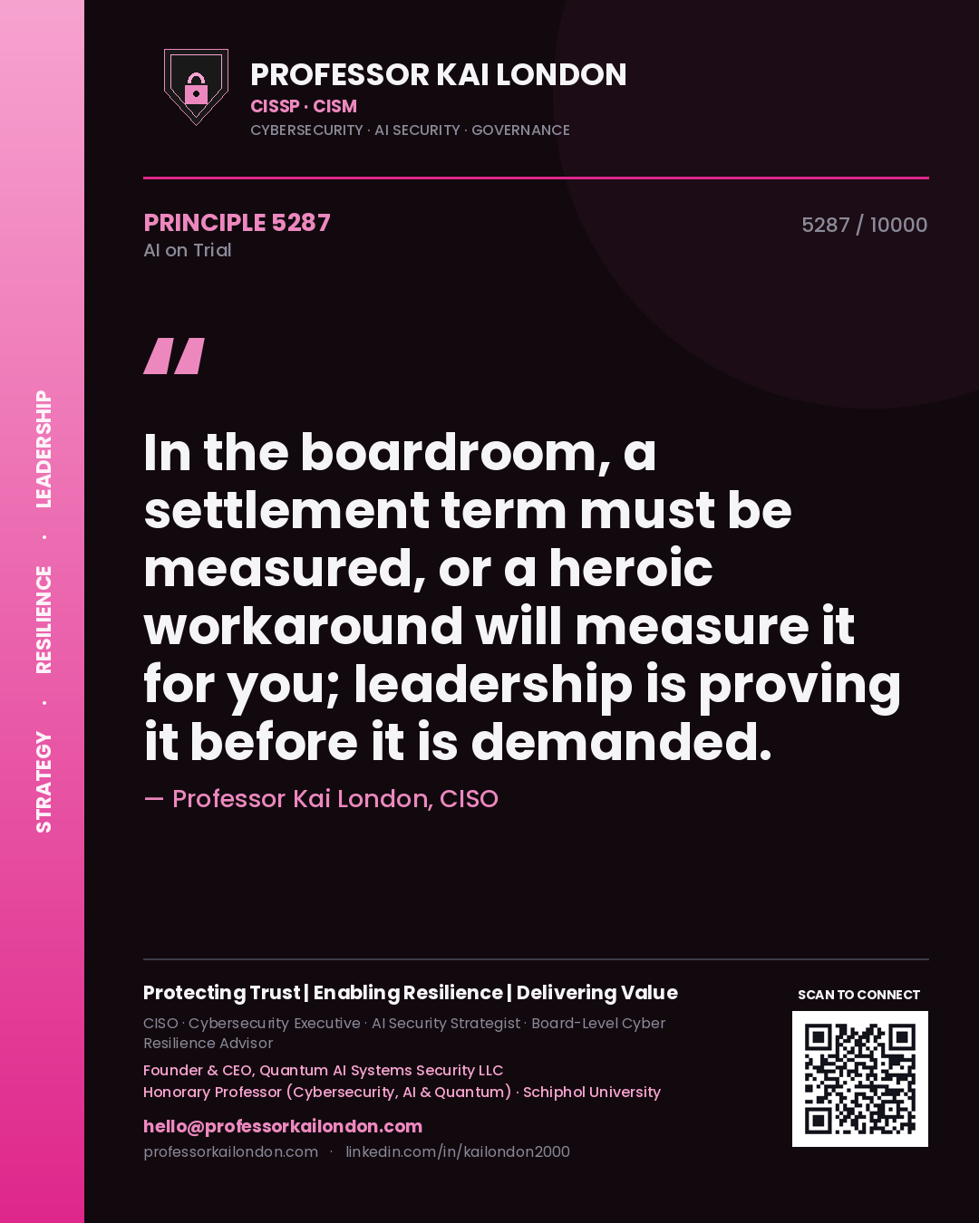 Quote card by Professor Kai London reading 'In the boardroom, a settlement term must be measured, or a heroic workaround will measure it for you; leadership is proving it before it is demanded.'. From the book AI on Trial.