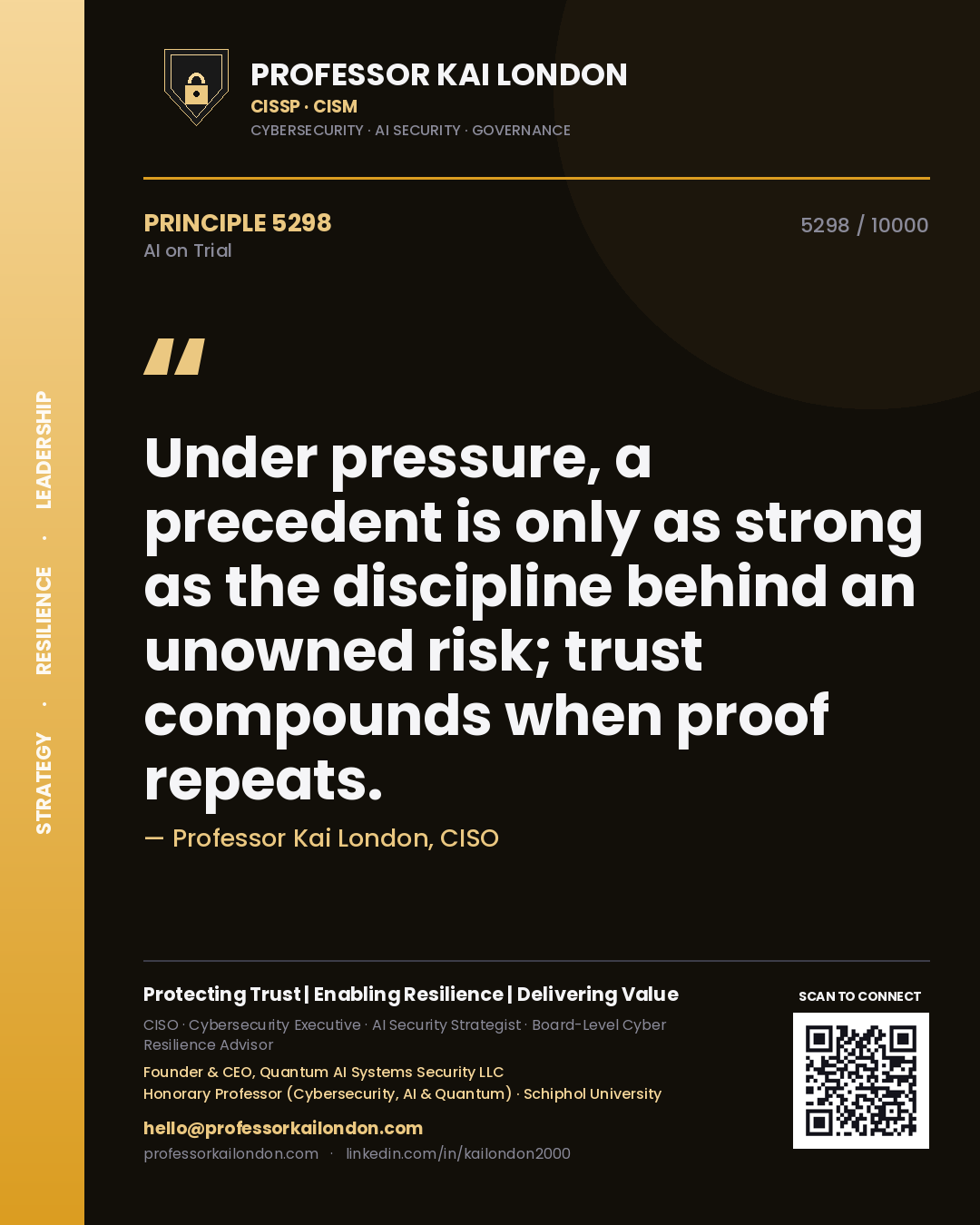 Quote card by Professor Kai London reading 'Under pressure, a precedent is only as strong as the discipline behind an unowned risk; trust compounds when proof repeats.'. From the book AI on Trial.