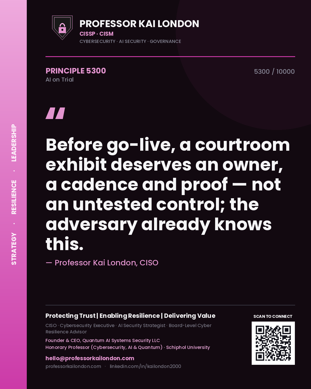 Quote card by Professor Kai London reading 'Before go-live, a courtroom exhibit deserves an owner, a cadence and proof — not an untested control; the adversary already knows this.'. From the book AI on Trial.