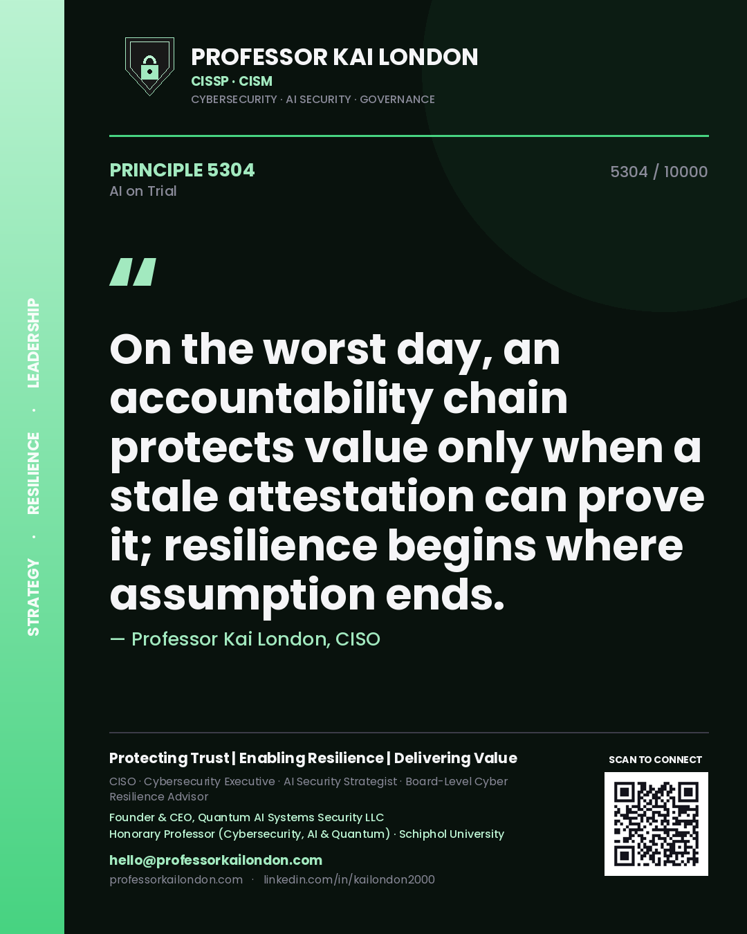 Professor Kai London principle 5304: On the worst day, an accountability chain protects value only when a stale attestation can prove it; resilience begins where assumption ends.