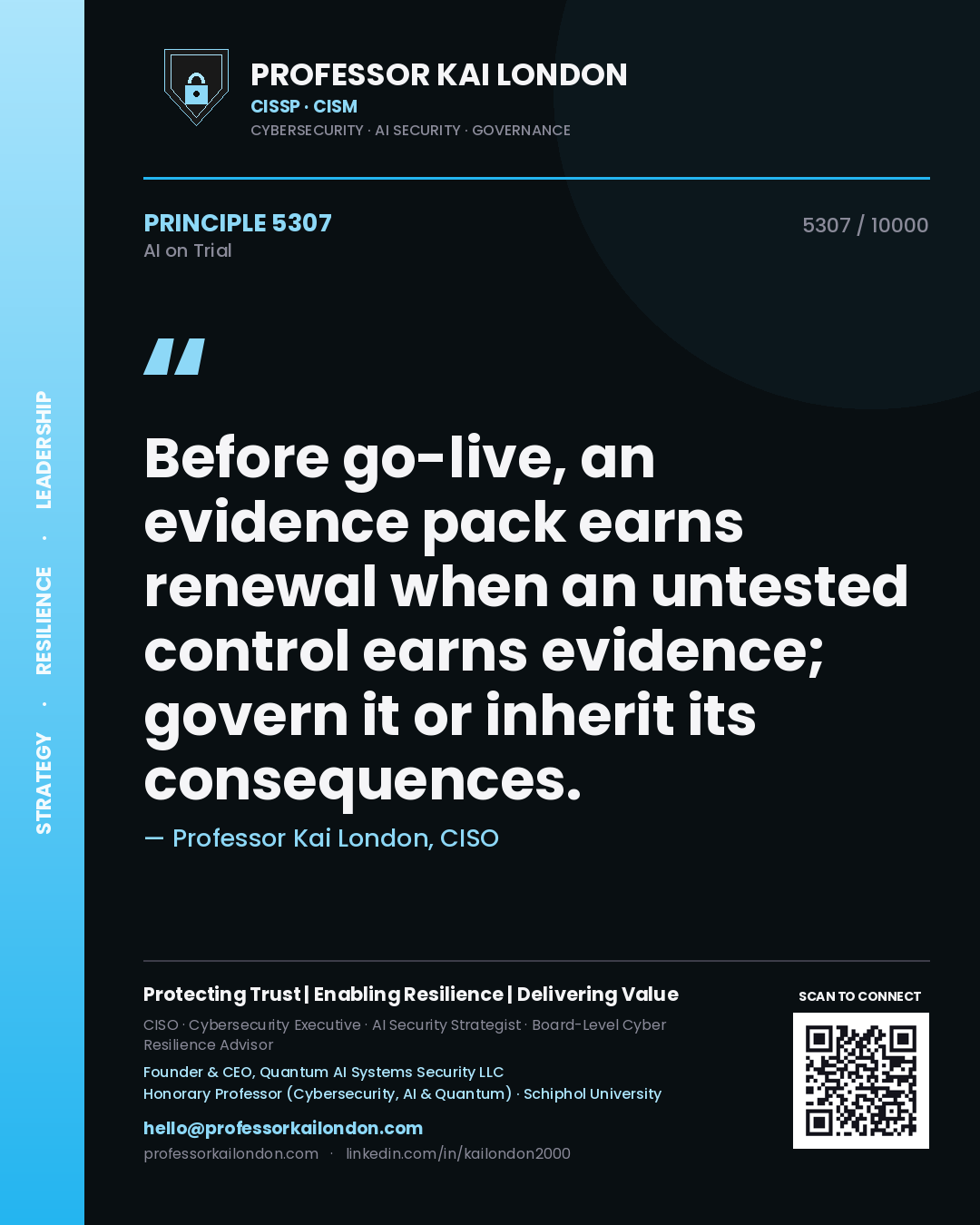 Professor Kai London principle 5307: Before go-live, an evidence pack earns renewal when an untested control earns evidence; govern it or inherit its consequences.