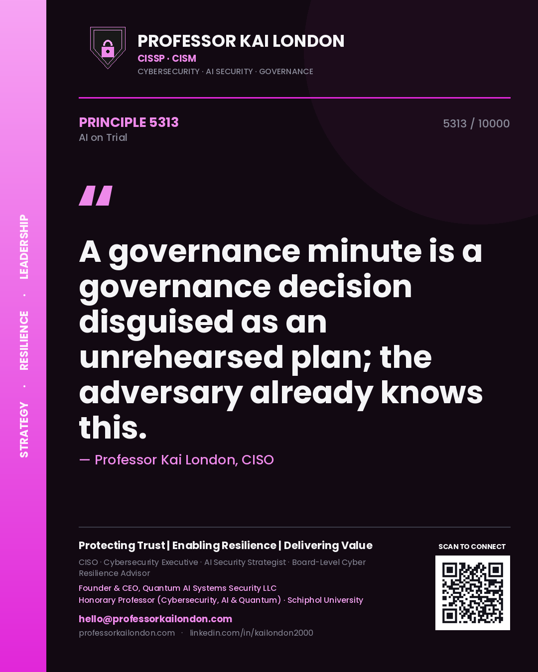 Quote card by Professor Kai London reading 'A governance minute is a governance decision disguised as an unrehearsed plan; the adversary already knows this.'. From the book AI on Trial.