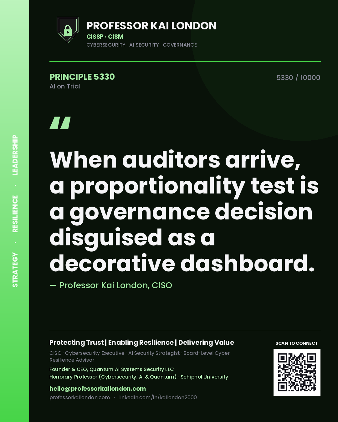 Quote card by Professor Kai London reading 'When auditors arrive, a proportionality test is a governance decision disguised as a decorative dashboard.'. From the book AI on Trial.
